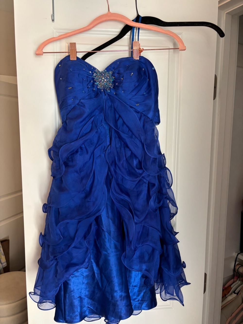 Royal Blue Strapless Ruffled Kids Dress with Crystal Accent